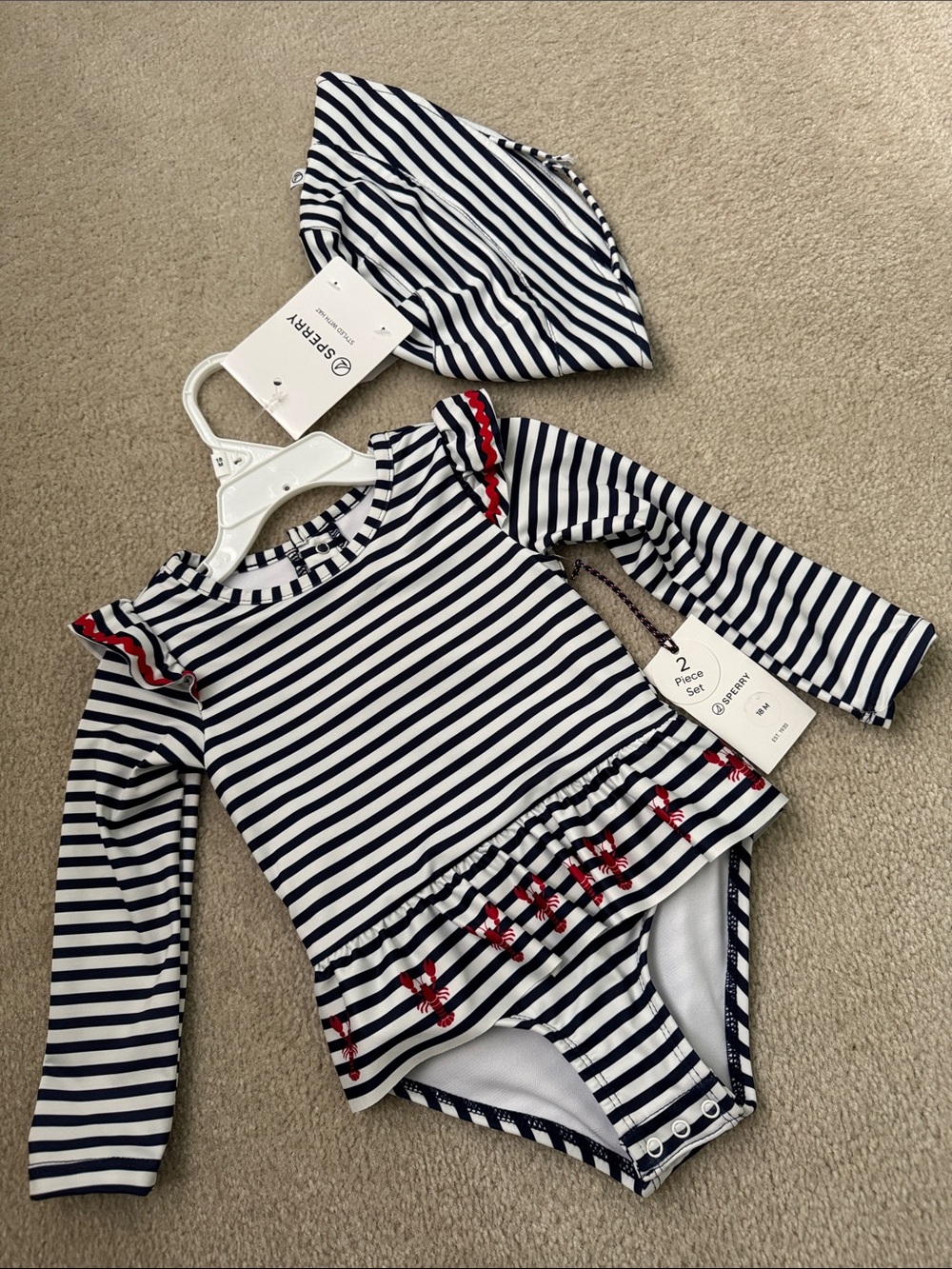 Sperry Navy & White Striped Long-Sleeve One-Piece Swim Set with Red Trim